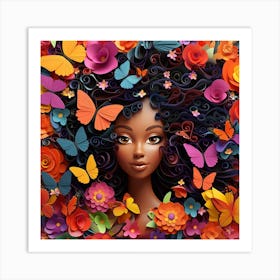 Black Girl With Flowers And Butterflies 2 Art Print