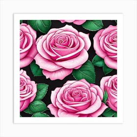 Pink Roses On Black Background 1 Art Print