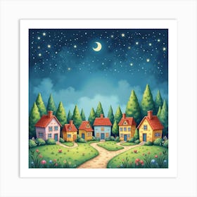 Whimsical Watercolor Village Under A Starry Sky 1 Art Print