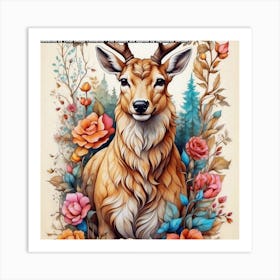 Deer With Flowers Art Print