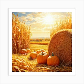 Autumn Harvest Scene Featuring Oversized Pumpkins Nestled Among Stalks Of Sunlit Corn Bales Of Hay (5) Art Print