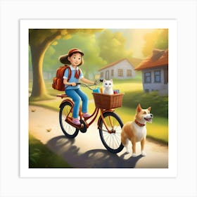 Girl Riding A Bike With Dog Art Print