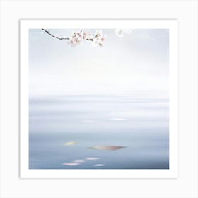 Soft Minimalistic Scene Featuring A Lone Cherry Blossom Branch Understatedly Arching Over A Tranquil Art Print