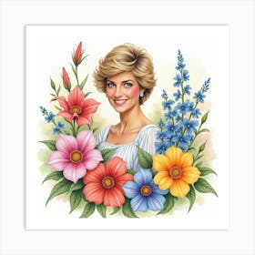 Watercolor Princess Diana With Vibrant Garden Flowers 1 Art Print