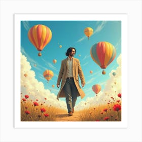 Keanu Reeves In A Dreamy Watercolor World Of Colorful Hot Air Balloons 1 Art Print