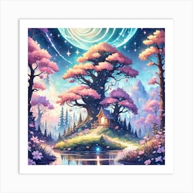 A Fantasy Forest With Twinkling Stars In Pastel Tone Square Composition 49 Art Print