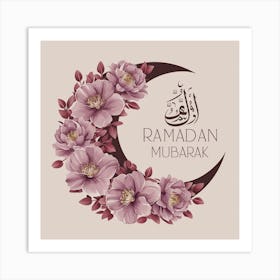 Ramadan Mubarak wall art with pink flowers on moon on a neutral background Ramadan 2025 Art Print