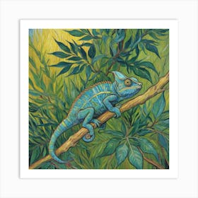 A Moment of Stillness: Chameleon Among Leaves Art Print