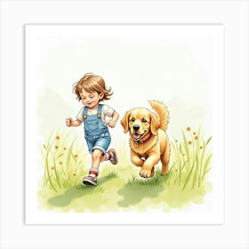 Watercolor Painting Of A Child And A Golden Retriever Running Through Fields Art Print