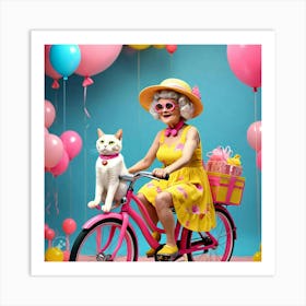 Grandma And Her Pet Cat On Bicycle Art Print