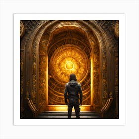 Explorer Finds A Portal To Other Universe Detailed Gold Color Touched Painting Art Print