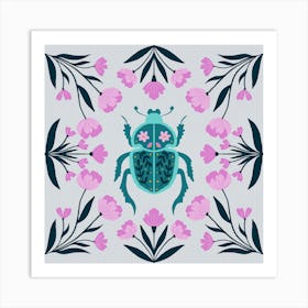 Beetle and flowers - pink and turquoise Art Print