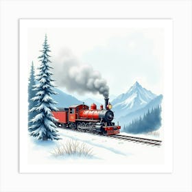 Steam Engine In A Watercolor Painting Of A Snowy Mountain Landscape 1 Art Print