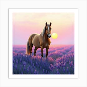 Horse In Lavender Field At Sunset 4 Art Print