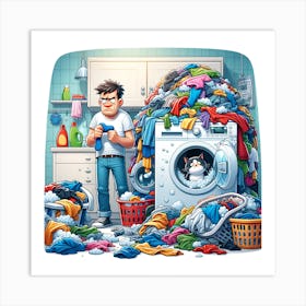 Cartoon Illustration Of A Man In A Laundry Room Art Print