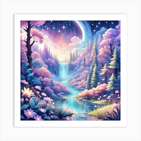 A Fantasy Forest With Twinkling Stars In Pastel Tone Square Composition 11 Art Print