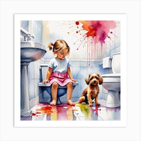 Little Girl And Dog In The Bathroom Art Print