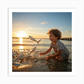 Little Boy Playing With Fish At Sunset 2 Art Print