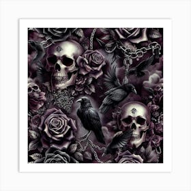 Gothic Skulls And Purple Roses Pattern Art Print