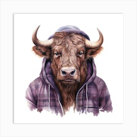 Watercolour Cartoon Buffalo In A Hoodie 2 Art Print