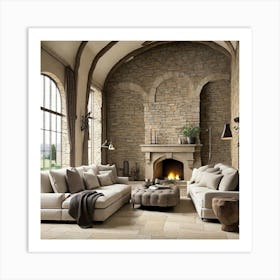 Living Room With Stone Fireplace 1 Art Print