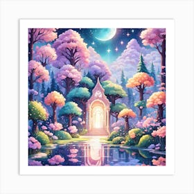 A Fantasy Forest With Twinkling Stars In Pastel Tone Square Composition 47 Art Print