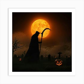 Reaper Silhouette Scythe Raised Against A Backdrop Of A Full Moon On Halloween Night With Wisps O Art Print