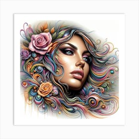 Woman With Colorful Hair And Flowers Art Print