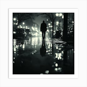 Man Walking Down The Street At Night Art Print