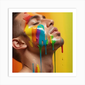 Young Man With Colorful Paint On His Face in the style of dripping paint Art Print