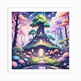 A Fantasy Forest With Twinkling Stars In Pastel Tone Square Composition 354 Art Print