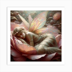 Fairy Sleeping On A Rose, A peaceful fairy with iridescent wings lies asleep, cradled by a rose's soft petals. Her serene expression evokes a sense of tranquility amidst the enchanting floral backdrop, and her delicate crown suggests a connection to nature. classic art Art Print