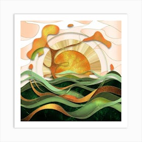 Straight and broken flowing lines and tree shapes, gold, sage, in the form of a tropical ocean. 8 Art Print