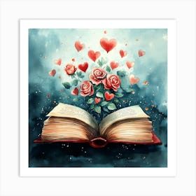 Watercolor Romantic Book Roses Hearts 12 Art Print