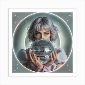 Woman With White Hair Holding A Disco Ball (1) Art Print