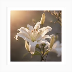 A Blooming Lily Blossom Tree With Petals Gently Falling In The Breeze Art Print