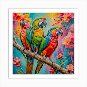 Parrots On A Branch 3 Art Print