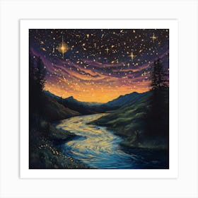 Starry Twilight River – Dreamy Landscape Wall Art Of Flowing Stream And Sunset Sky Art Print