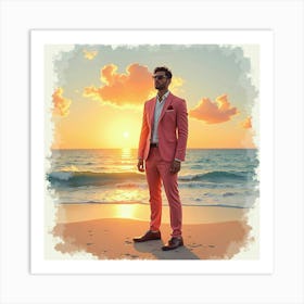 Gorgeous Man In Watercolor Suit, Tranquil Beach Sunset 1 Art Print