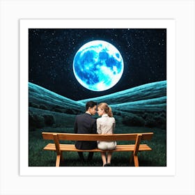 Couple Sitting On Bench Under The Moon 1 Art Print