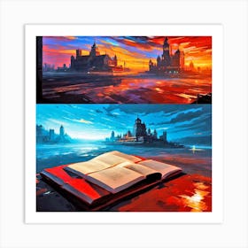 Sunset With Book And City Art Print