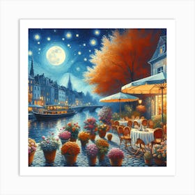 Riverside Cafe At Night With Scenic Autumn Buildings In Van Gogh Painting Art Art Print