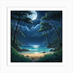 Moonlit Tropical Beach Enclosed by Lush Forest Under a Starry Night Sky Art Print