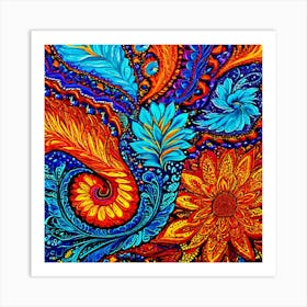 Colorful Abstract Painting, Psychedelic Flower, Paisley Explosion A Vibrant Tapestry With A Dense Paisley Pattern Use A Variety Of Colors Art Print