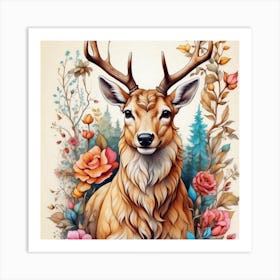 Deer With Flowers Art Print