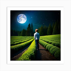 Young Boy Looking At The Moon Art Print