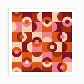 Mid Century Circles and Squares in Pink, Orange and Burgundy Art Print