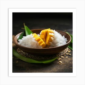 Ripe mango peeled,showing yellow flesh inside.Place on a plate topped with thick coconut milk and soft white glutinous rice. Sprinkle with small crunchy soybeans.Topped with fresh coconut milk. White,thick,sticky and there was smoke aura spred all over a large golden and white aura attacked the white and gray aura. The background is a mango tree. With yellow mangoes, fully ripe, Phu Chao, bright sunlight, 4k resolution. 2 Art Print