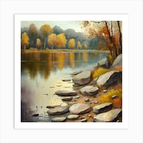 Autumn Lake,Forest Lake, Vintage Oil Painting, Farmhouse Wall Decorations, Antique Landscape, Vintage Landscape Oil Painting.8 4 Art Print