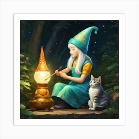 Cute Kawaii Gnome Girl Sitting And Painting Her Cats Back With Magic Brushstunning Masterpiece B 678276440 (2) Art Print